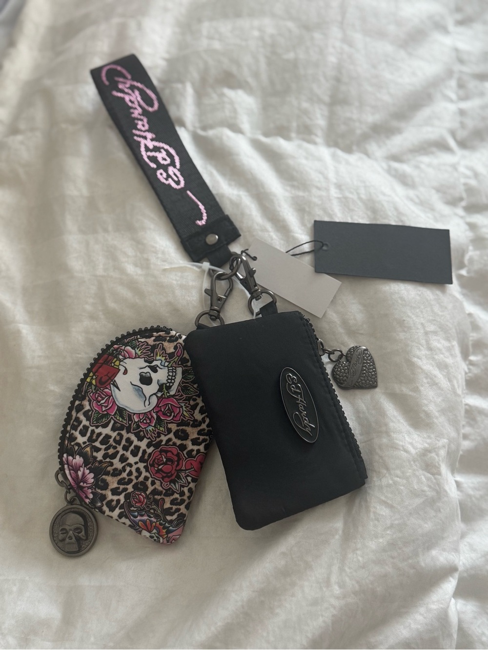 NWT Ed Hardy 3-Piece Wristlet Set Black Pouch & Leopard Skull Coin Purse